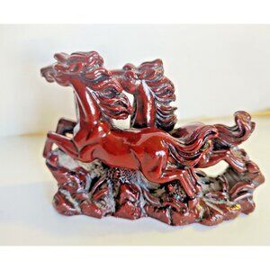 Vintage Large Chinese Carved Cinnabar Feng Shui  2 Running Horses Figurine